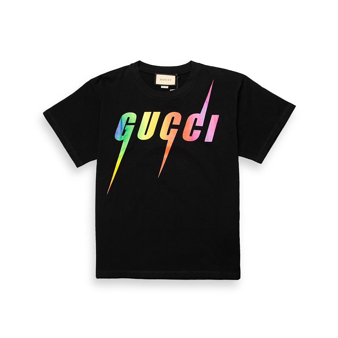 This is a premium, black, short-sleeve crew-neck t-shirt from the luxury brand GUCCI.