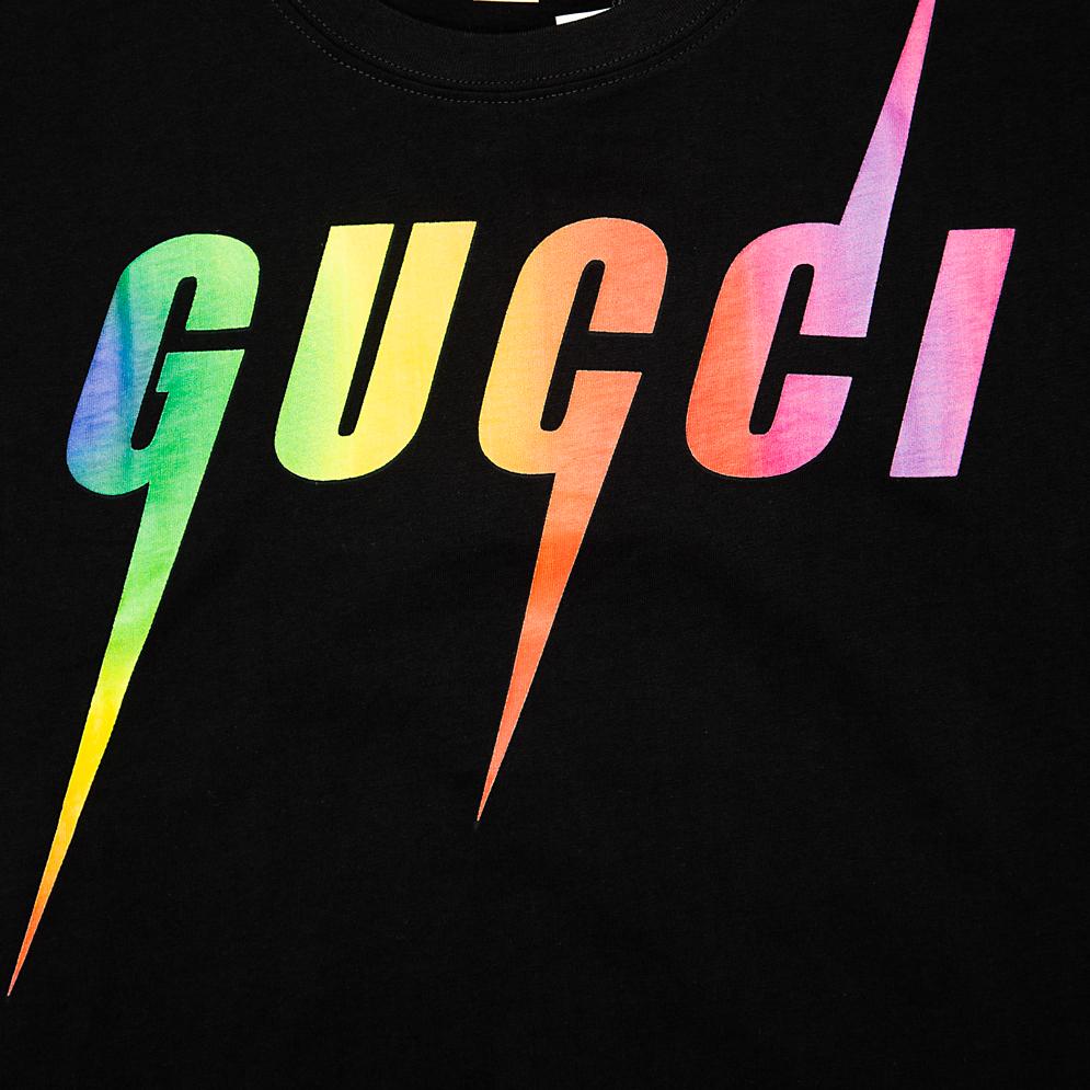This is a premium, black, short-sleeve crew-neck t-shirt from the luxury brand GUCCI.
