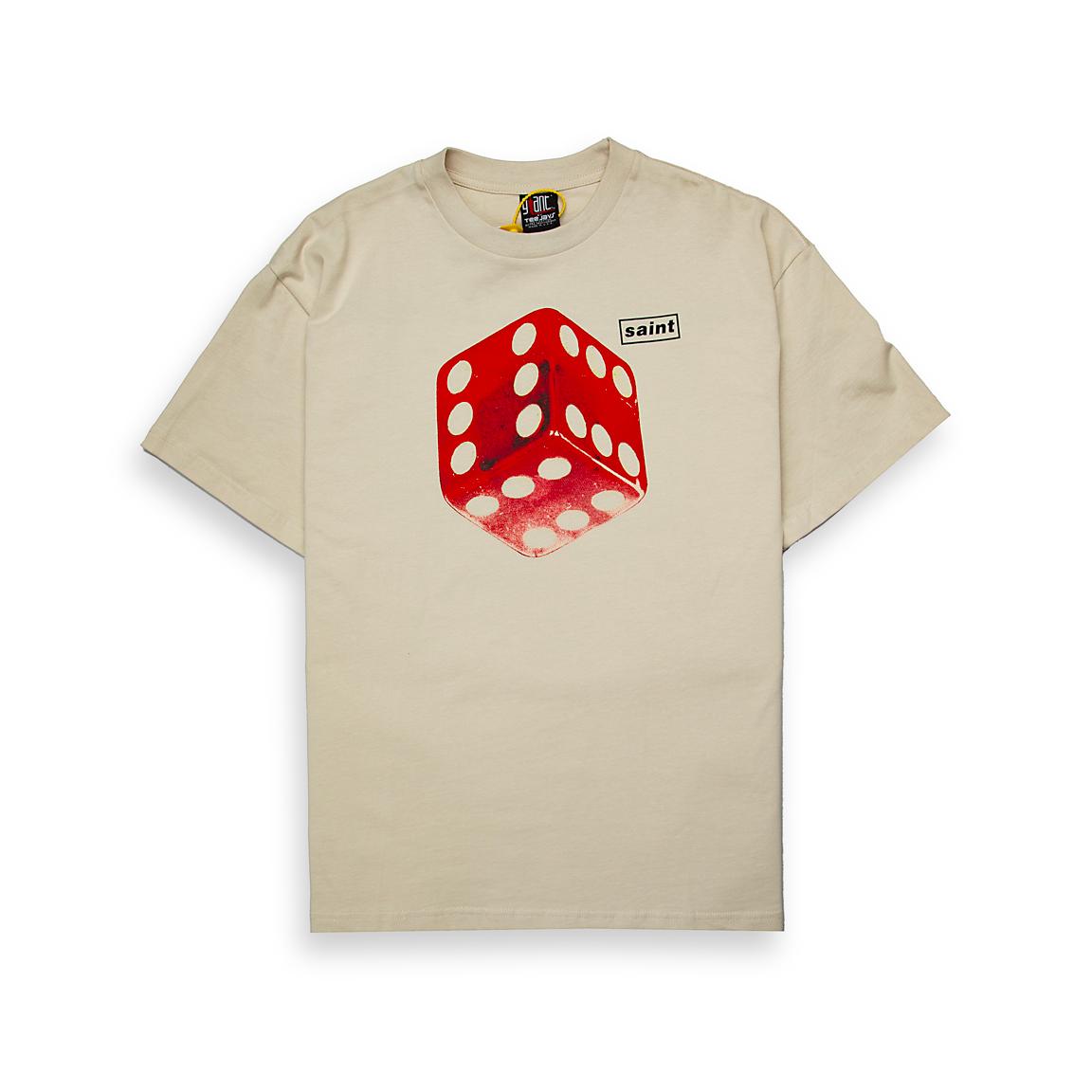 This is a short-sleeve, crew-neck t-shirt in a neutral shade, featuring a bold, minimalist graphic.