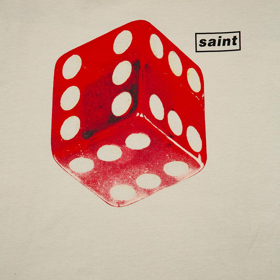 This is a short-sleeve, crew-neck t-shirt in a neutral shade, featuring a bold, minimalist graphic.
