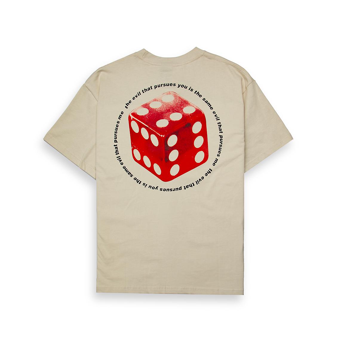 This is a short-sleeve, crew-neck t-shirt in a neutral shade, featuring a bold, minimalist graphic.