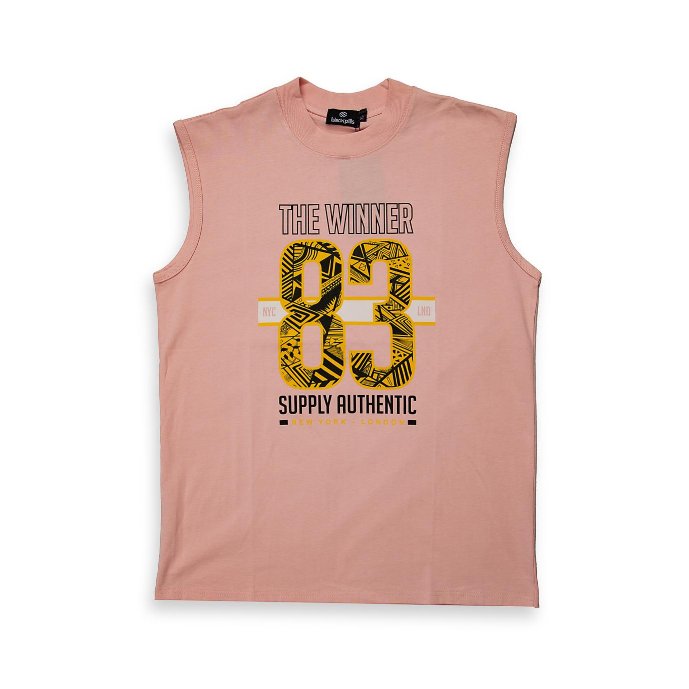 This is a stylish, regular-fit, crew-neck sleeveless t-shirt featuring a bold, multi-layered graphic design on the chest.