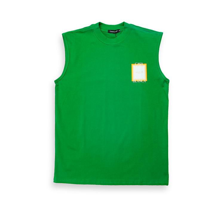 This is a vibrant, crew-neck sleeveless t-shirt with a distinct, retro-inspired graphic print on the back