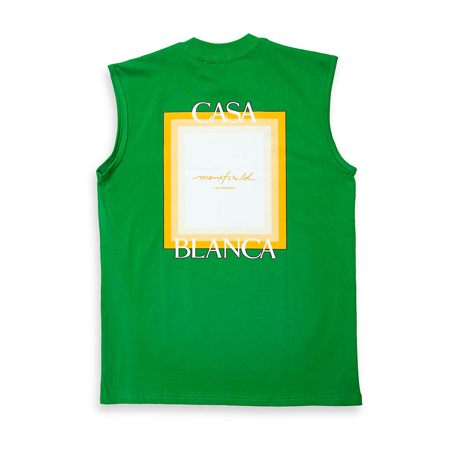 This is a vibrant, crew-neck sleeveless t-shirt with a distinct, retro-inspired graphic print on the back