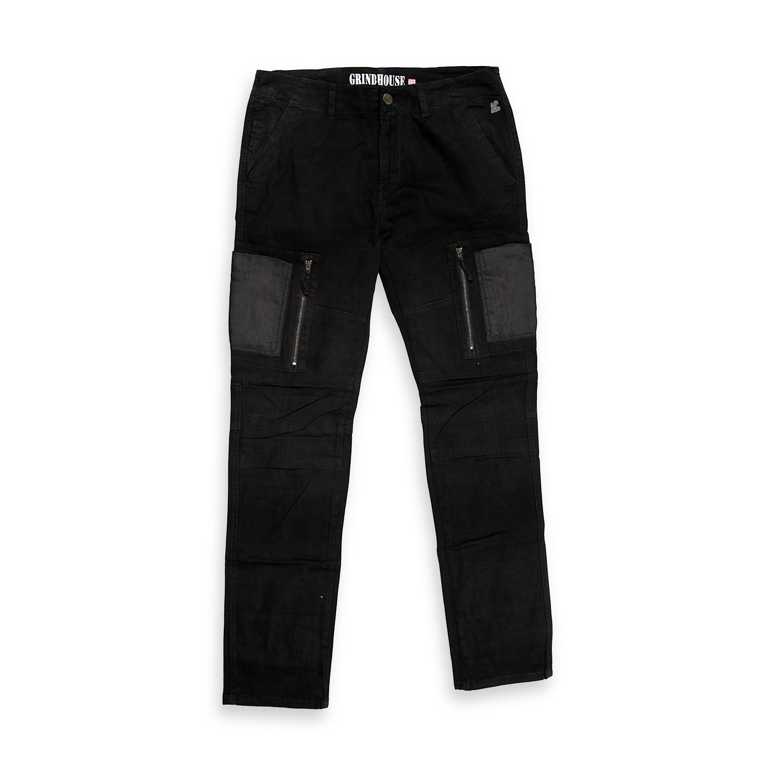 These are a pair of modern, slim-fit cargo pants (or utility trousers) in a solid black fabric. They feature a contemporary design that blends workwear utility with a streetwear aesthetic.