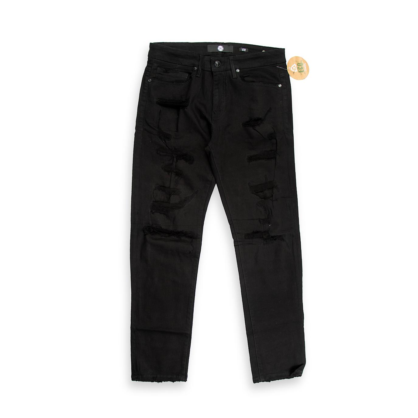 These are modern, slim-fit jeans for men, characterized by a deep, solid black wash (not faded).