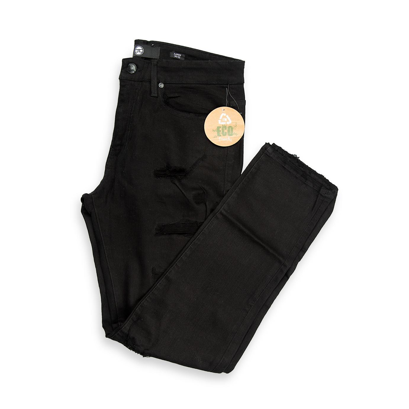 These are modern, slim-fit jeans for men, characterized by a deep, solid black wash (not faded).