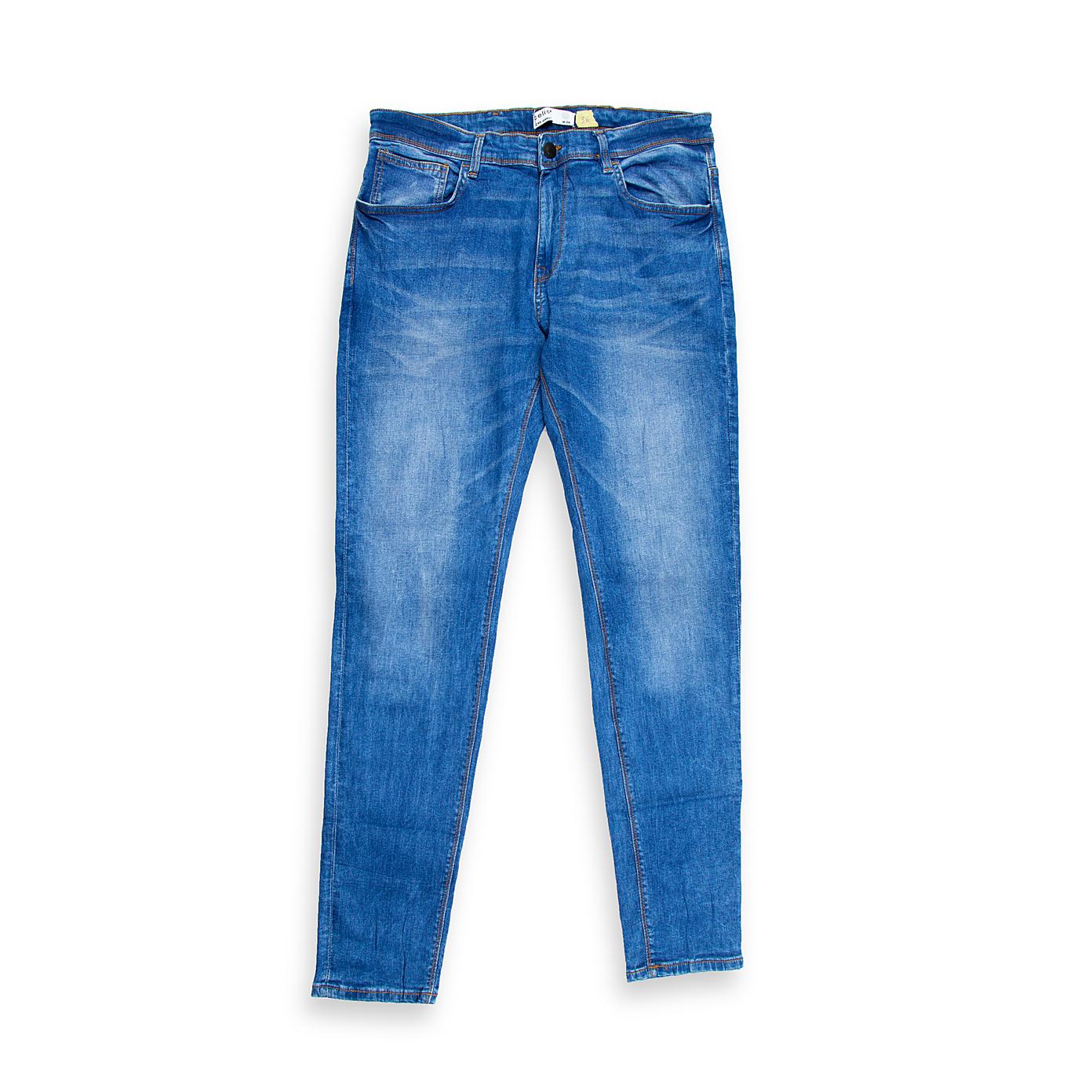 These are men's classic jeans featuring a versatile medium blue wash with a clean finish and natural-looking light fading/whiskering across the thigh area.