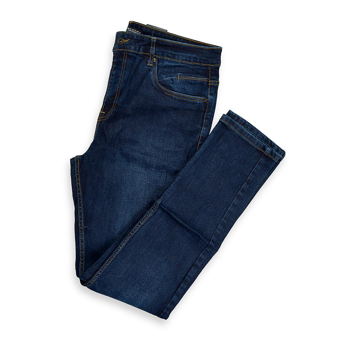 A classic and versatile pair of men's slim-fit jeans in a rich, dark indigo wash. These jeans feature the traditional five-pocket styling, a button closure, and a zip fly.