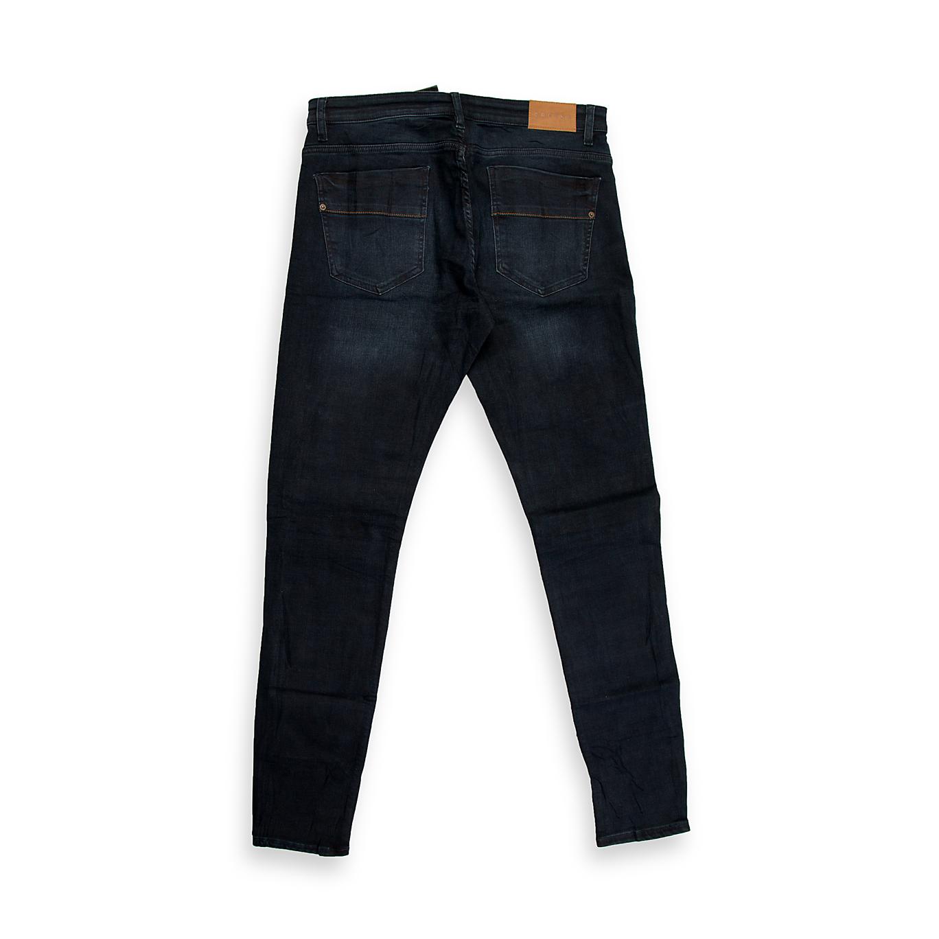 A modern pair of men's slim-tapered jeans featuring a stylish washed black (or faded charcoal) colour.