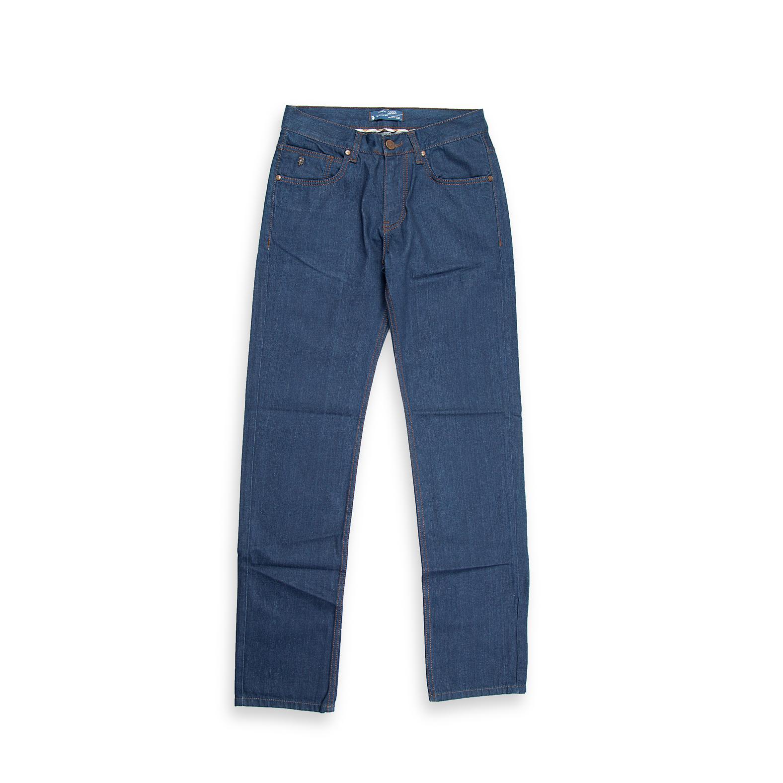 A traditional and sturdy pair of men's jeans in a consistent mid-blue wash.