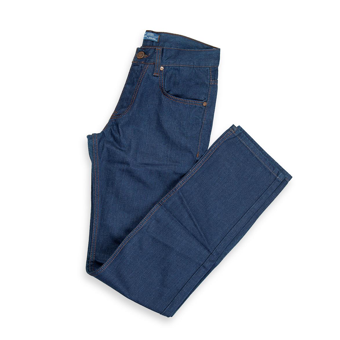 A traditional and sturdy pair of men's jeans in a consistent mid-blue wash.