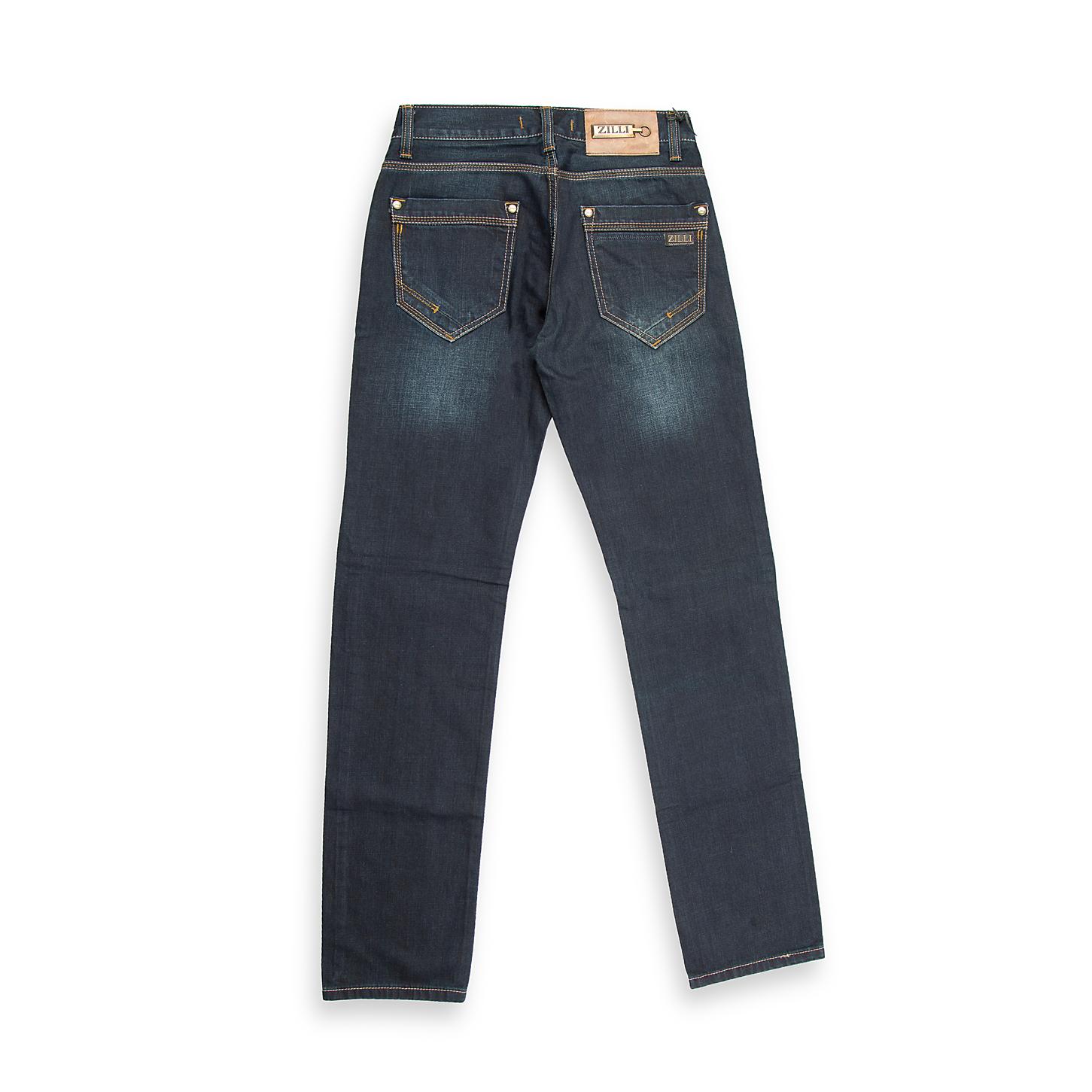 A sturdy and rugged pair of men's jeans in a dark-to-medium blue wash with noticeable vintage-style fading on the thighs and seat, giving them a lived-in, authentic look.