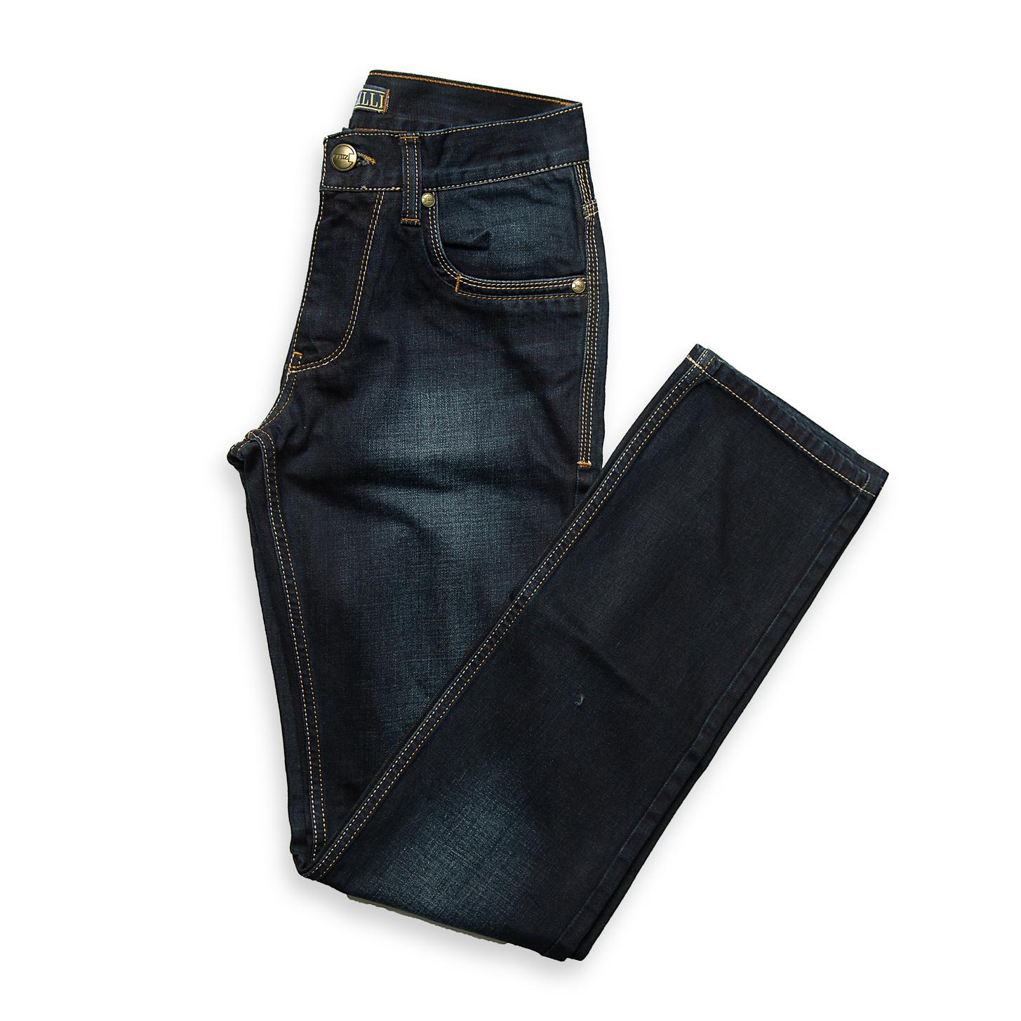 A sturdy and rugged pair of men's jeans in a dark-to-medium blue wash with noticeable vintage-style fading on the thighs and seat, giving them a lived-in, authentic look.