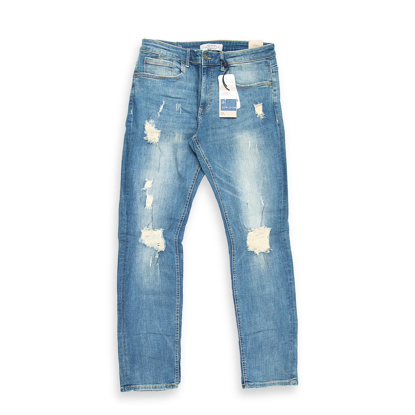 A high-fashion, streetwear-ready pair of men's jeans featuring a bright, vintage light-blue wash.