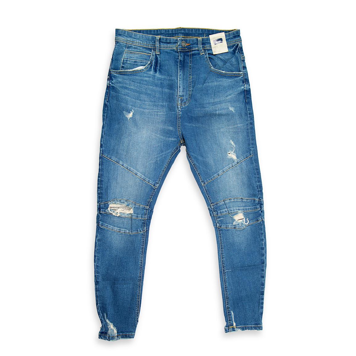 Designed for the style-conscious individual, these jeans feature an aggressive slim fit and key distressed details including rips, fading, and unique horizontal ribbing/seaming (biker paneling) on the knees.
