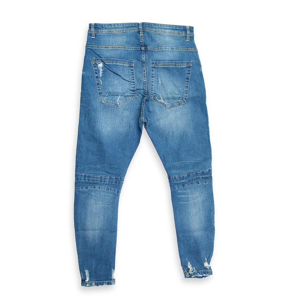 Designed for the style-conscious individual, these jeans feature an aggressive slim fit and key distressed details including rips, fading, and unique horizontal ribbing/seaming (biker paneling) on the knees.