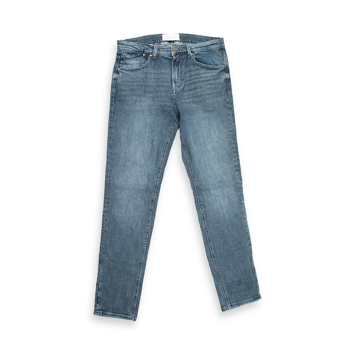 This is a versatile pair of Classic Straight-Leg Denim Jeans in a popular mid-wash blue.