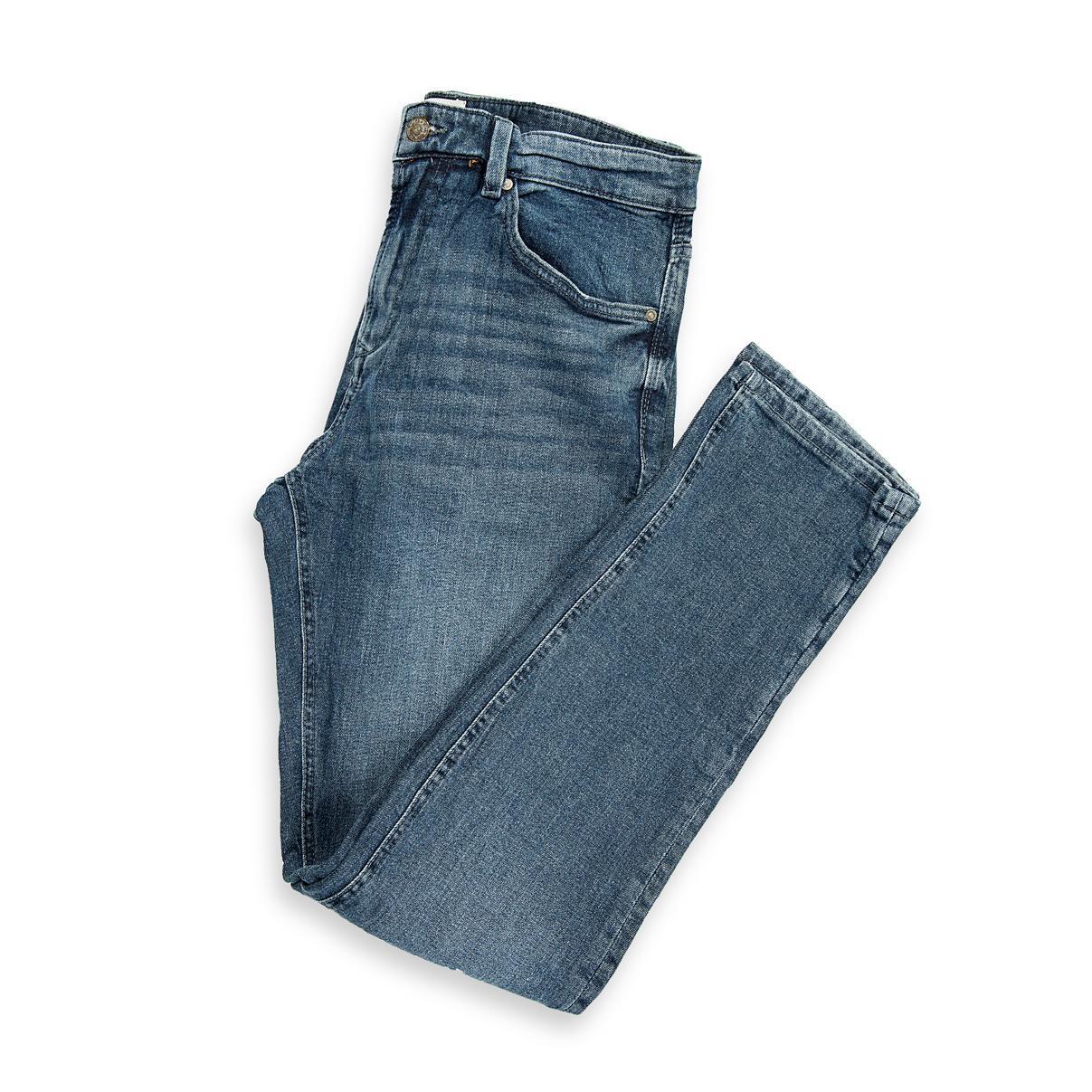 This is a versatile pair of Classic Straight-Leg Denim Jeans in a popular mid-wash blue.