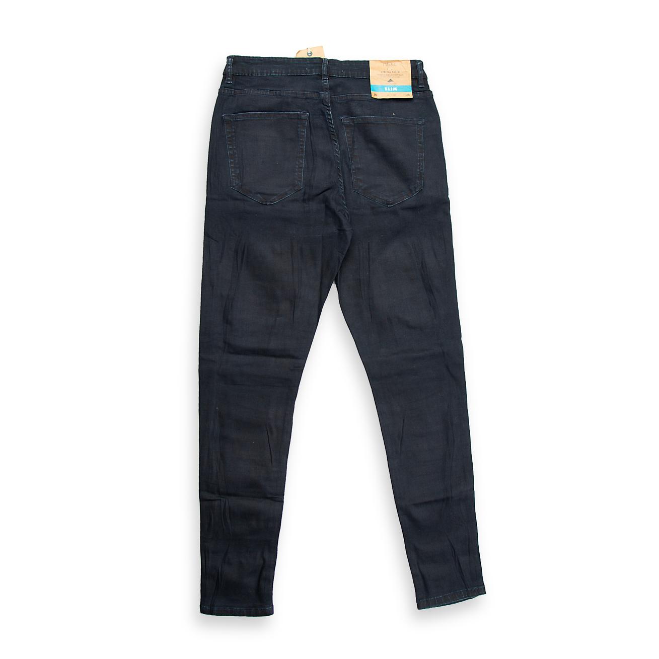 This is a modern pair of Men's Skinny-Fit Jeans featuring a very deep, uniform dark-wash with minimal fading.