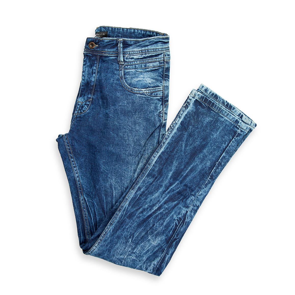 These are a stylish pair of Men's Slim-Fit Denim Jeans featuring a distinctive acid-wash finish.