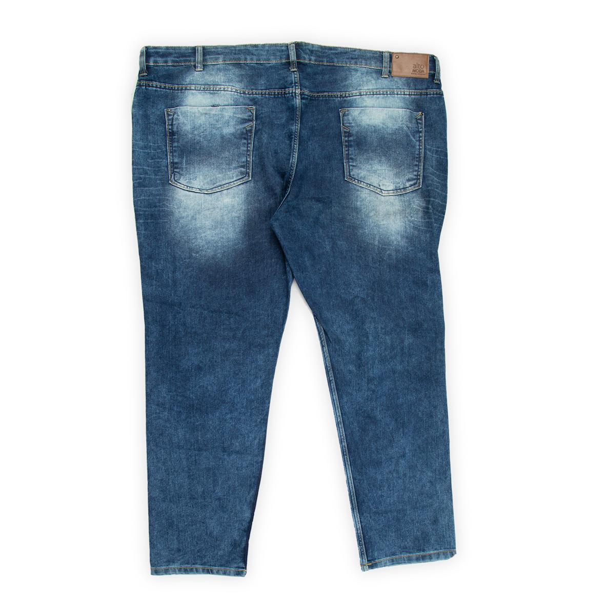 A fashionable and comfortable pair of men's jeans, specifically cut for plus-sizes indicated by the wider waistband and overall silhouette.