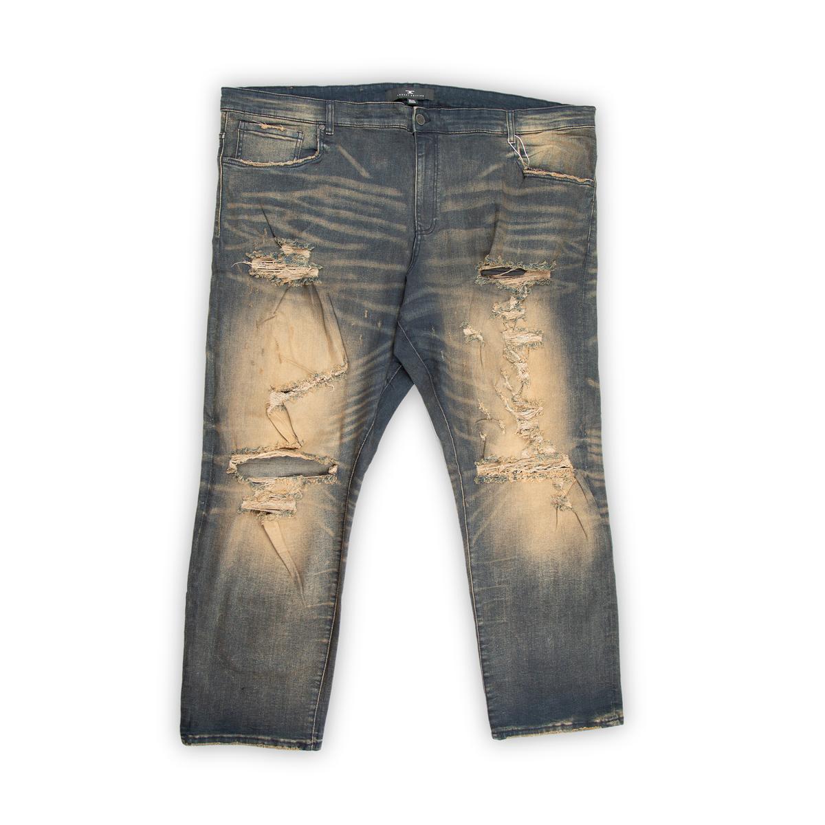 They feature an intense vintage blue wash with extremely heavy fading and prominent yellow/tan undertones, giving them a heavily aged, rugged look.