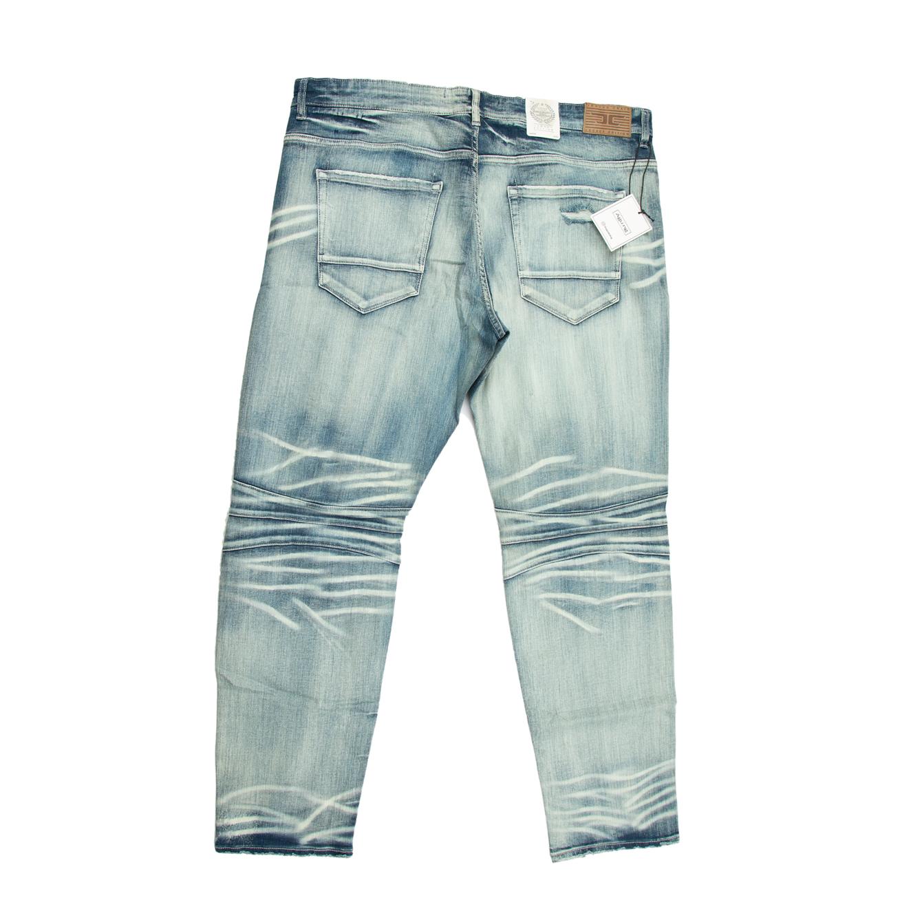 They feature an aggressive light-wash finish with high-contrast whiskering and intense distressing.