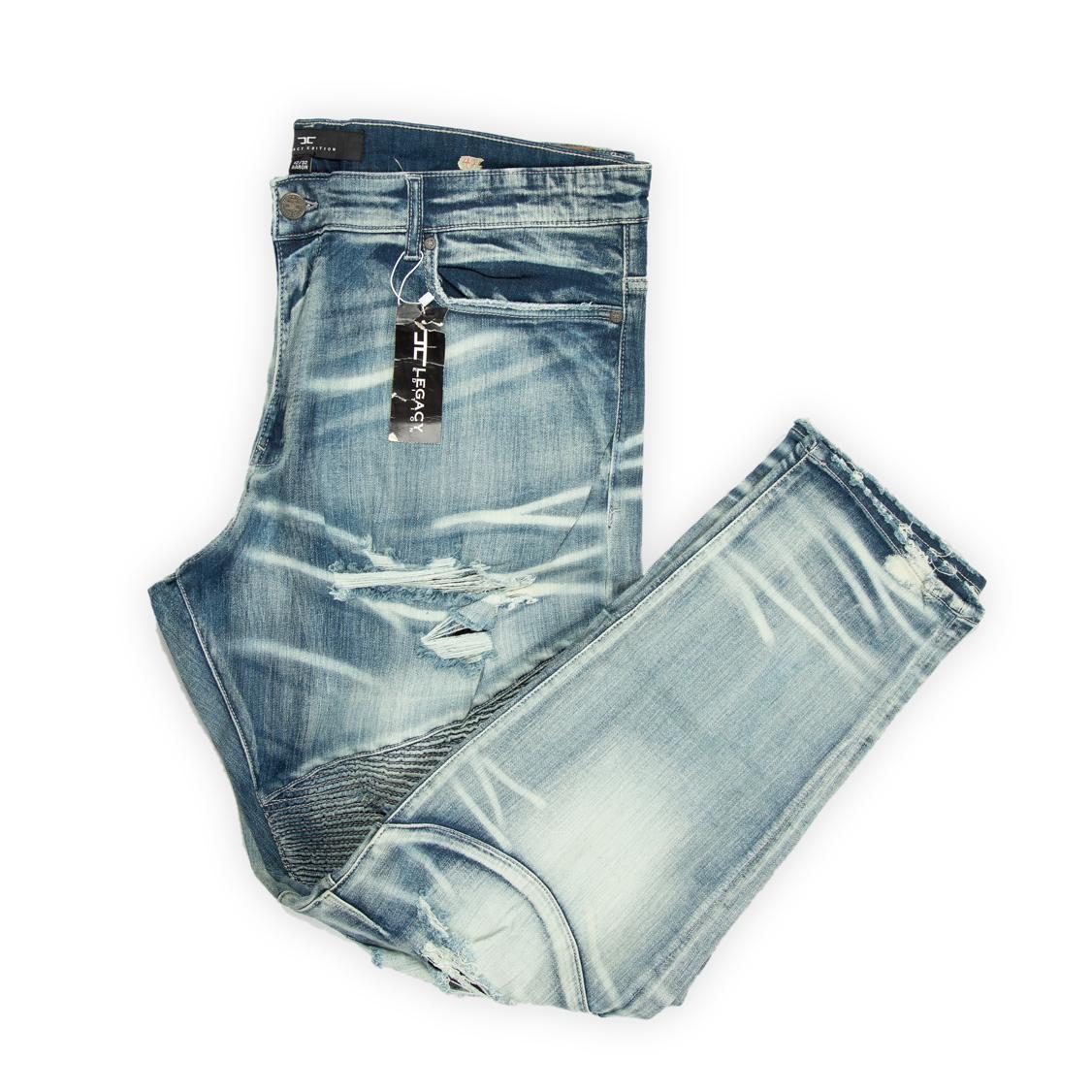 They feature an aggressive light-wash finish with high-contrast whiskering and intense distressing.