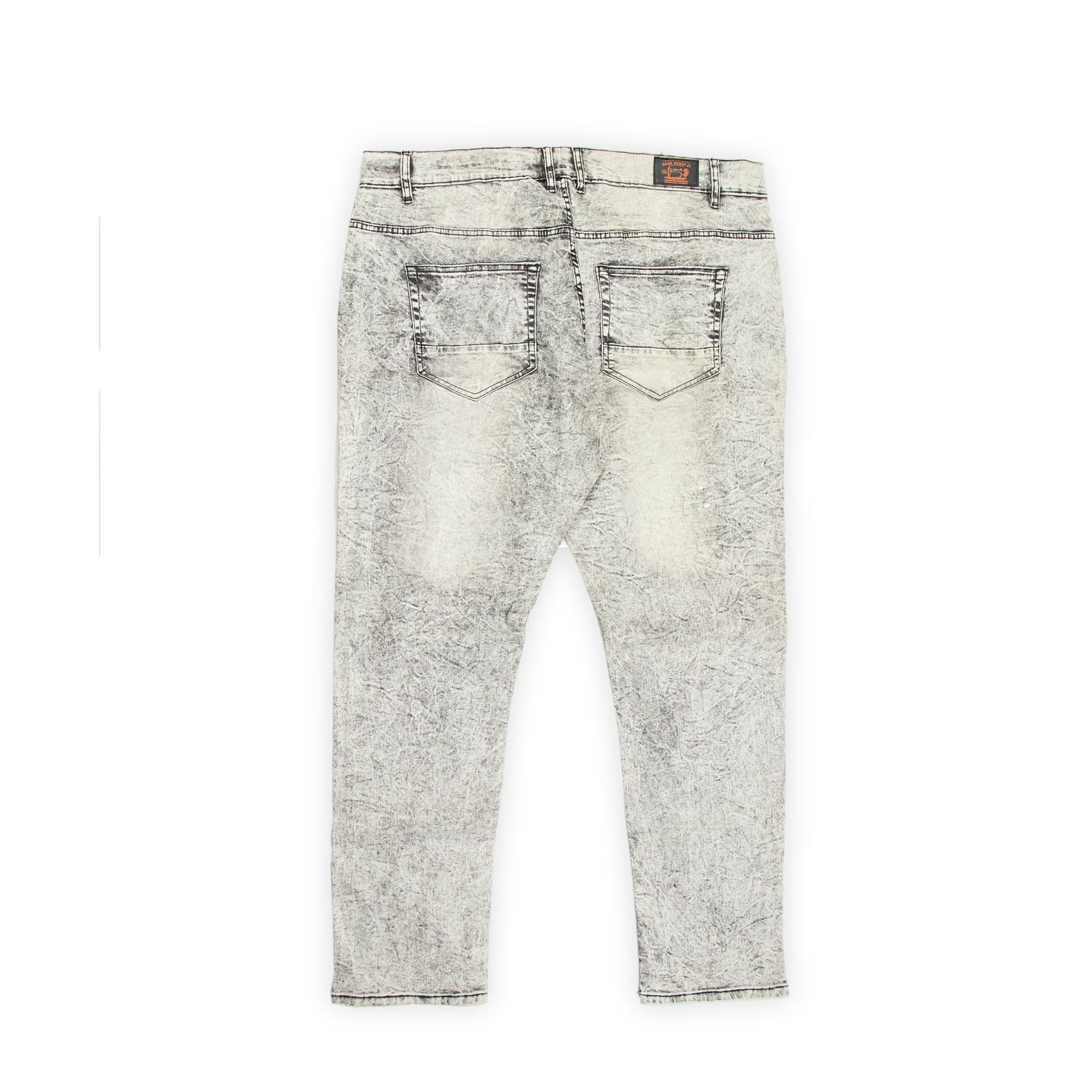They showcase a striking heavy grey acid wash finish that creates a bleached, marbled effect across the fabric.