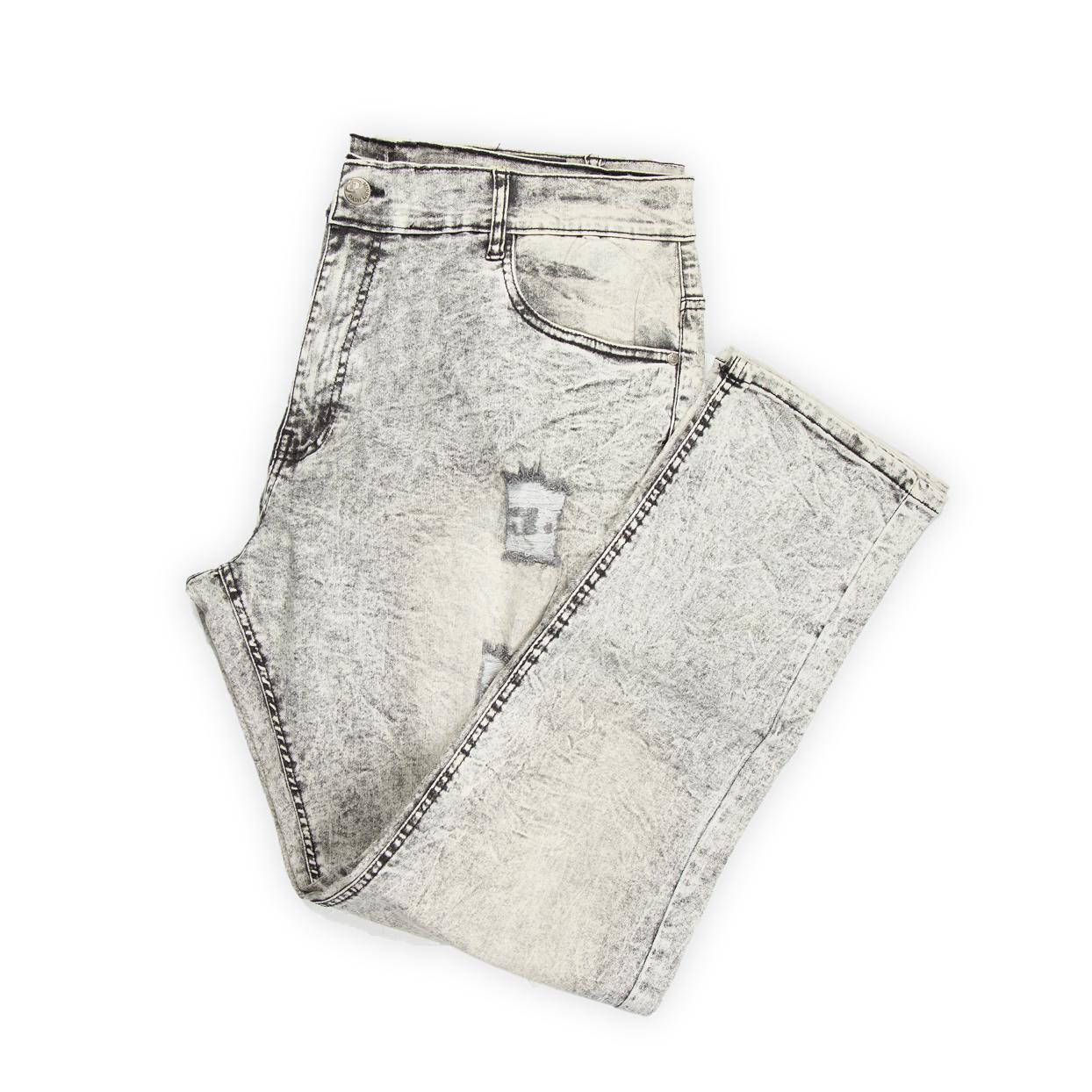 They showcase a striking heavy grey acid wash finish that creates a bleached, marbled effect across the fabric.