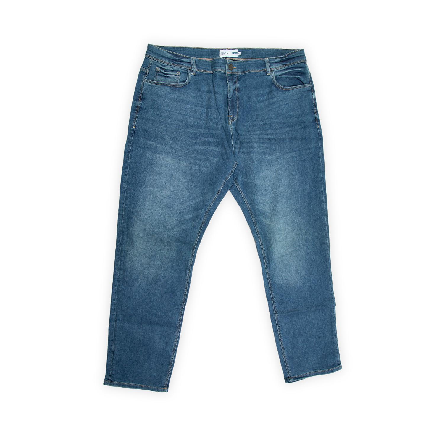 They feature a classic mid-blue wash with subtle fading and whiskering for a natural, broken-in look.