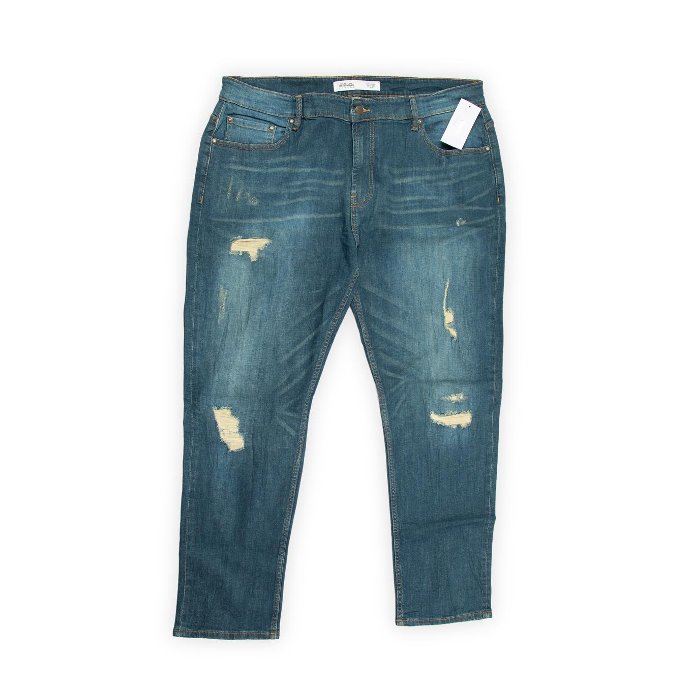 They feature a rich medium blue wash with natural fading and subtle whiskering, giving them an authentic, worn-in appearance.