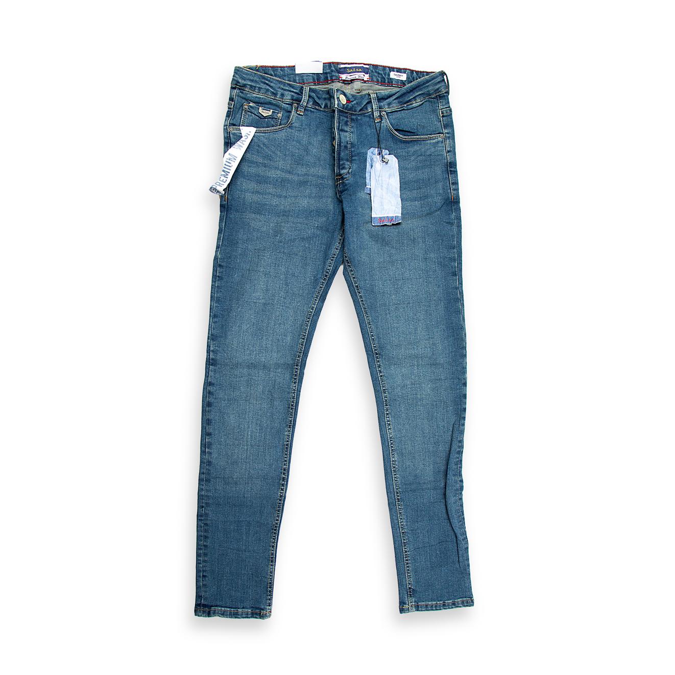 An essential pair of five-pocket jeans featuring a timeless, medium blue wash with minimal fading for a clean, versatile look.