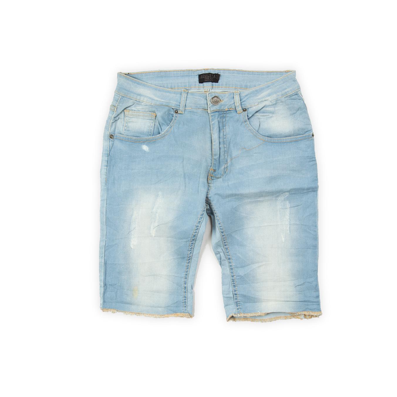 These are casual, above-the-knee shorts made from a soft, lightweight light-wash blue denim.