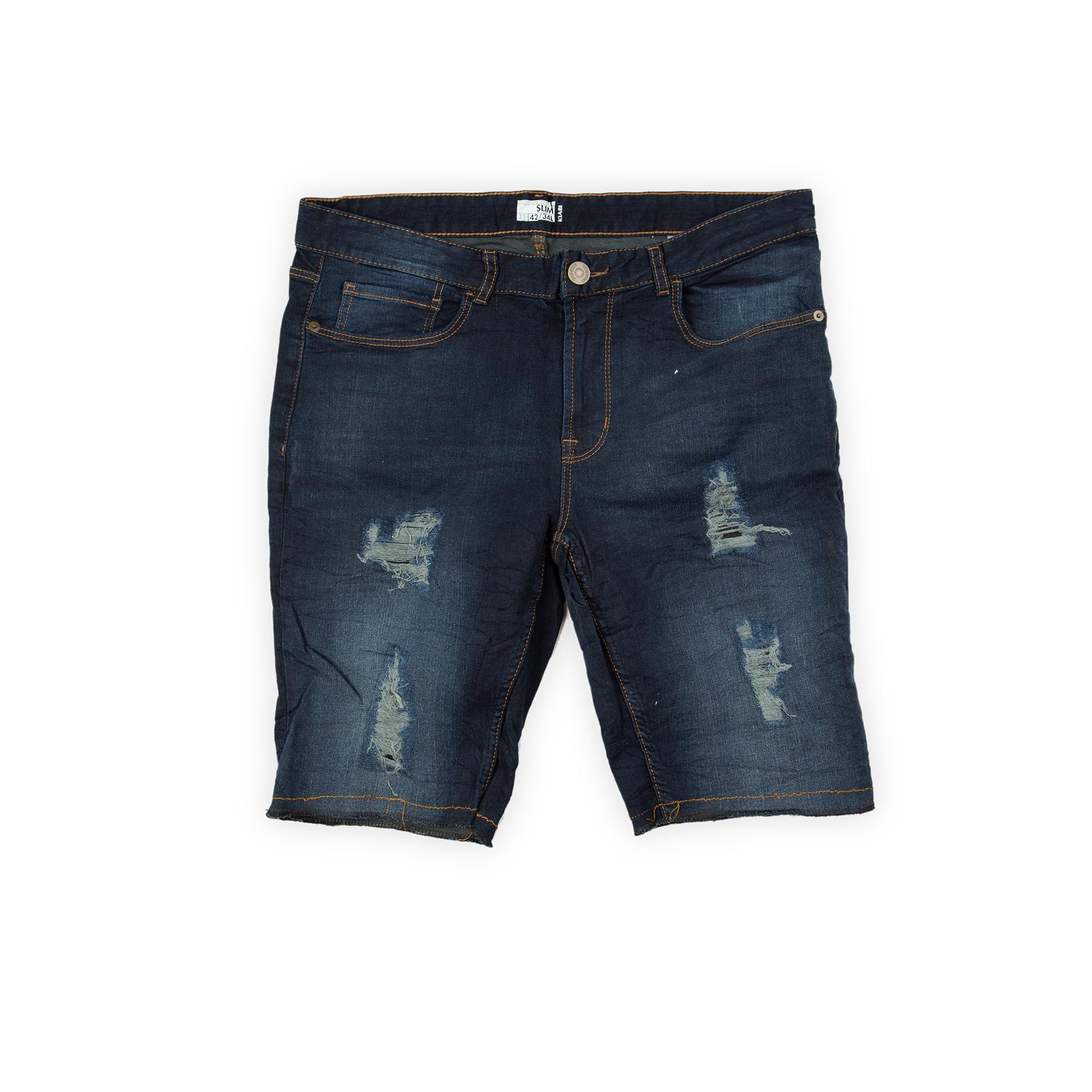 These shorts are a comfortable and rugged choice for warm weather. They feature a deep, dark indigo blue wash with moderate fading and whiskering concentrated on the thighs.
