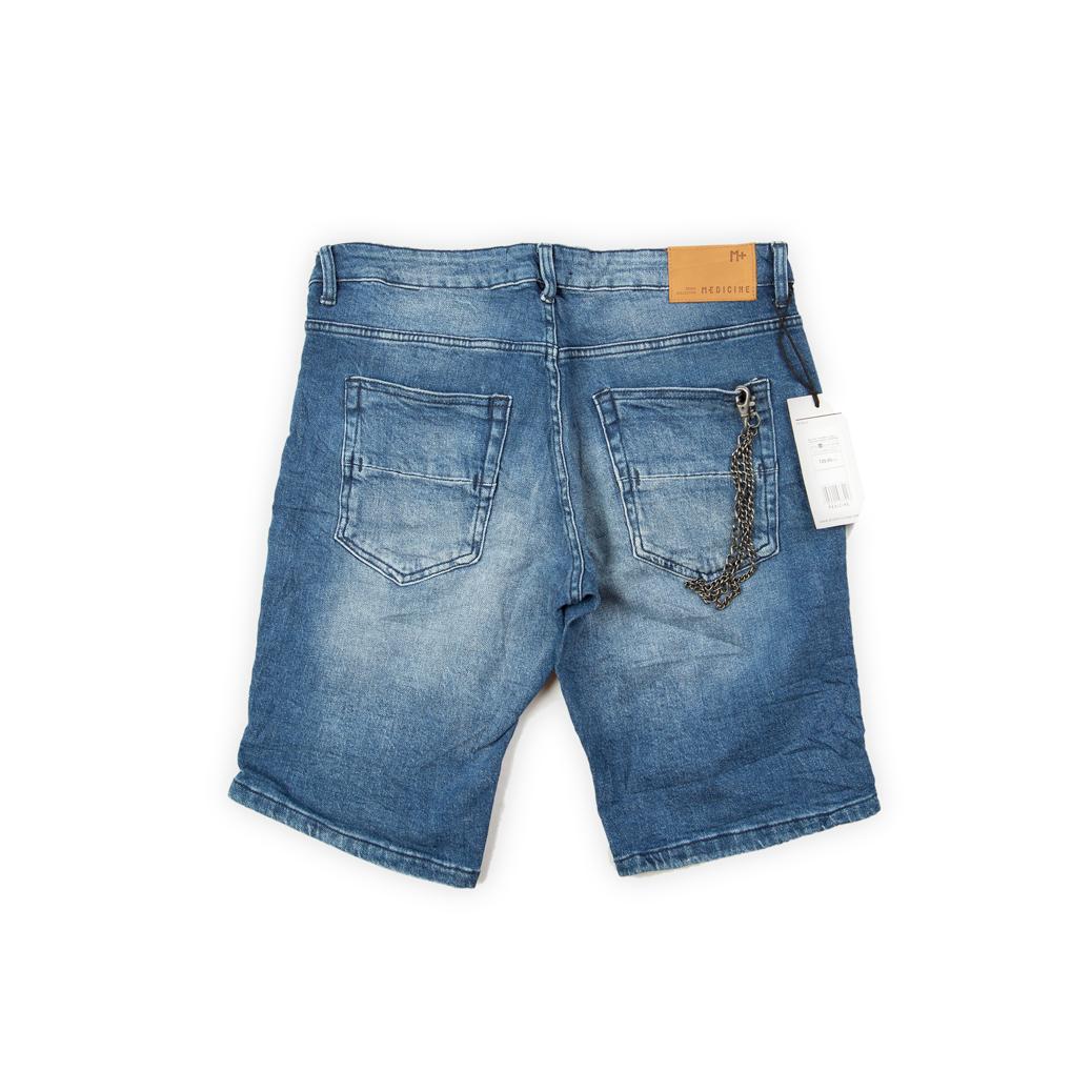 These are comfortable, classic-fit Bermuda shorts made from a durable denim fabric. The color is a versatile mid-wash blue, featuring moderate fading and subtle whiskering across the front, giving them a slightly broken-in look.
