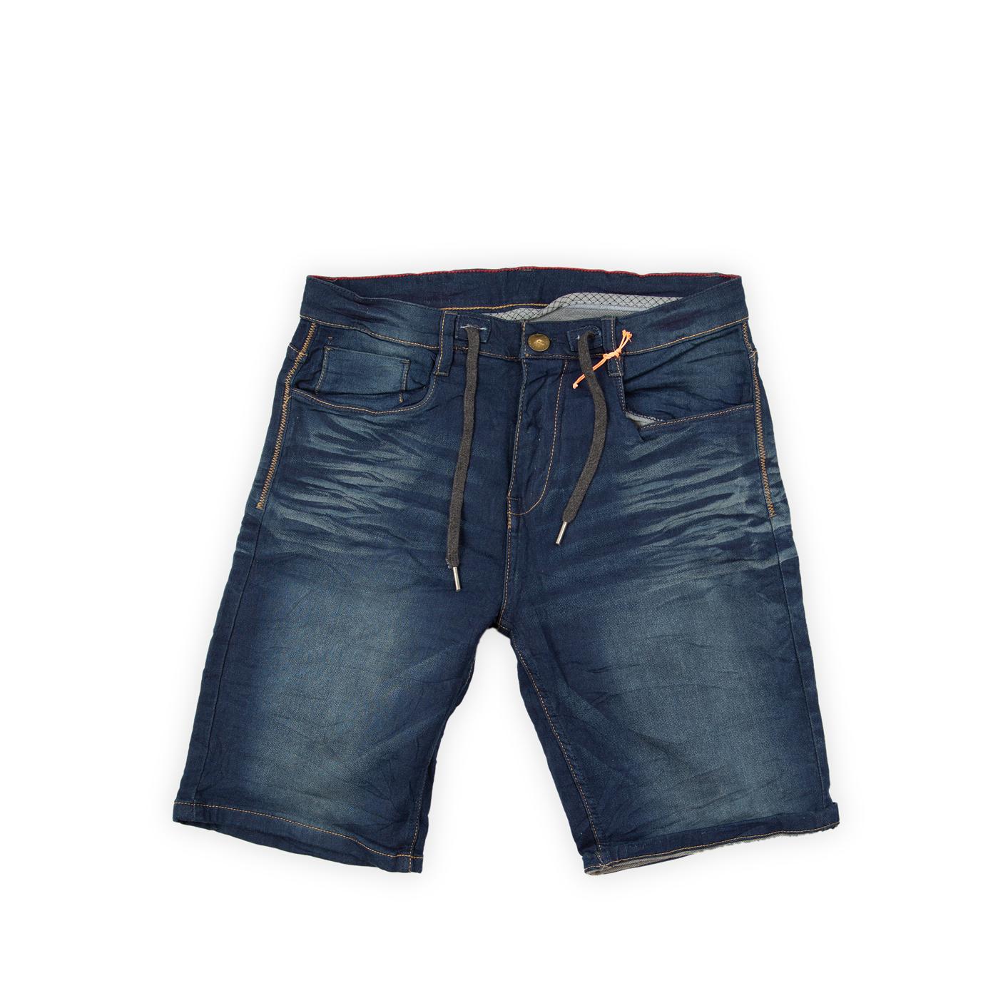 These comfortable and casual shorts blend the look of denim with the ease of athleisure. They feature a dark indigo blue wash with moderate fading and distinct wrinkling or crinkle effects across the front thighs.