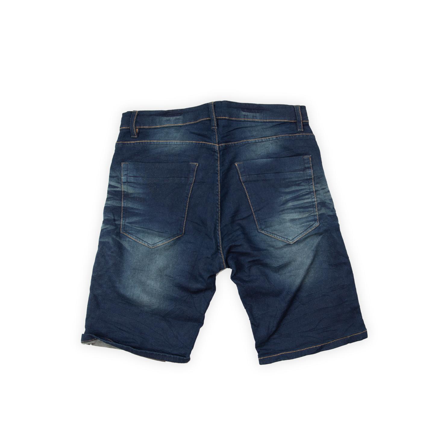These comfortable and casual shorts blend the look of denim with the ease of athleisure. They feature a dark indigo blue wash with moderate fading and distinct wrinkling or crinkle effects across the front thighs.