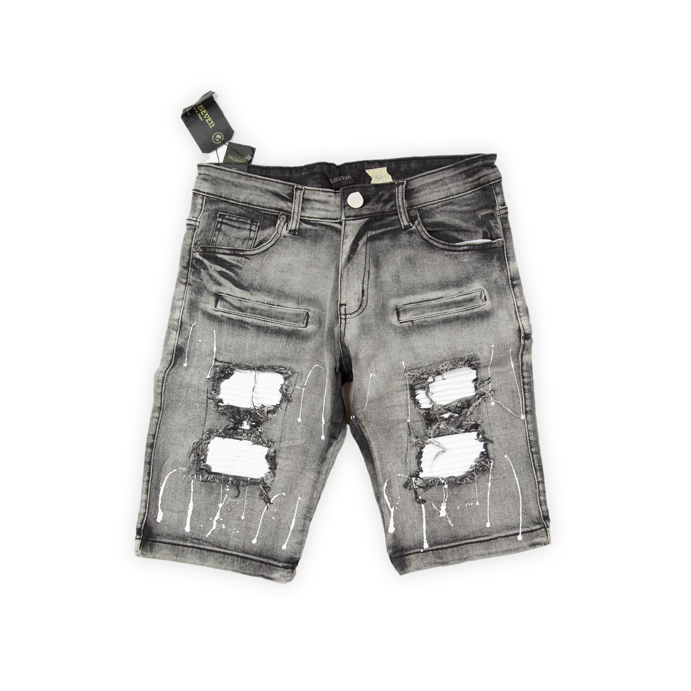 These shorts offer a distinct, edgy style with a contemporary urban feel. They feature a washed black or dark grey denim base with strategic fading.