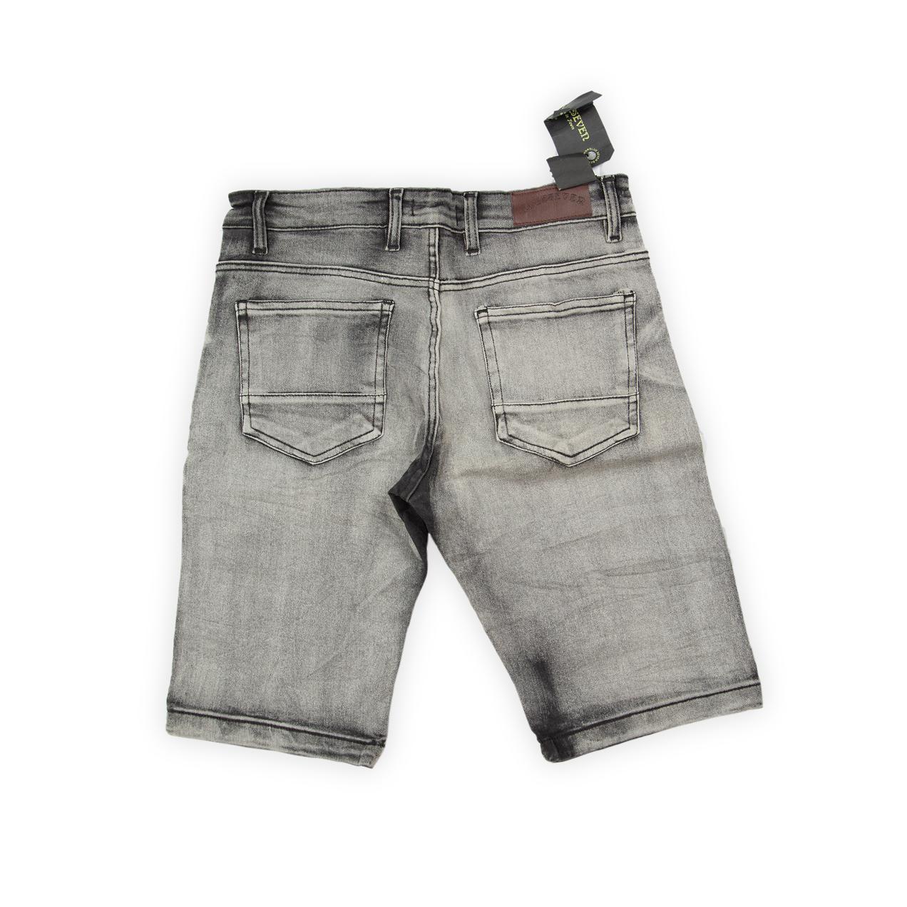 These shorts offer a distinct, edgy style with a contemporary urban feel. They feature a washed black or dark grey denim base with strategic fading.