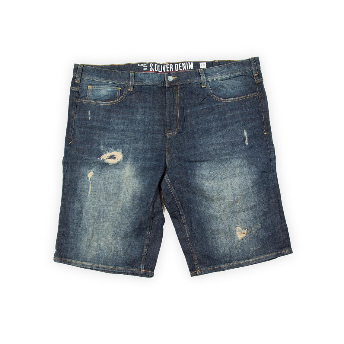 These are stylish, knee-length Bermuda shorts from the S.Oliver Denim line. They feature a dark-wash blue denim with heavy whiskering on the thighs and a subtle overall fading effect, creating a broken-in look.