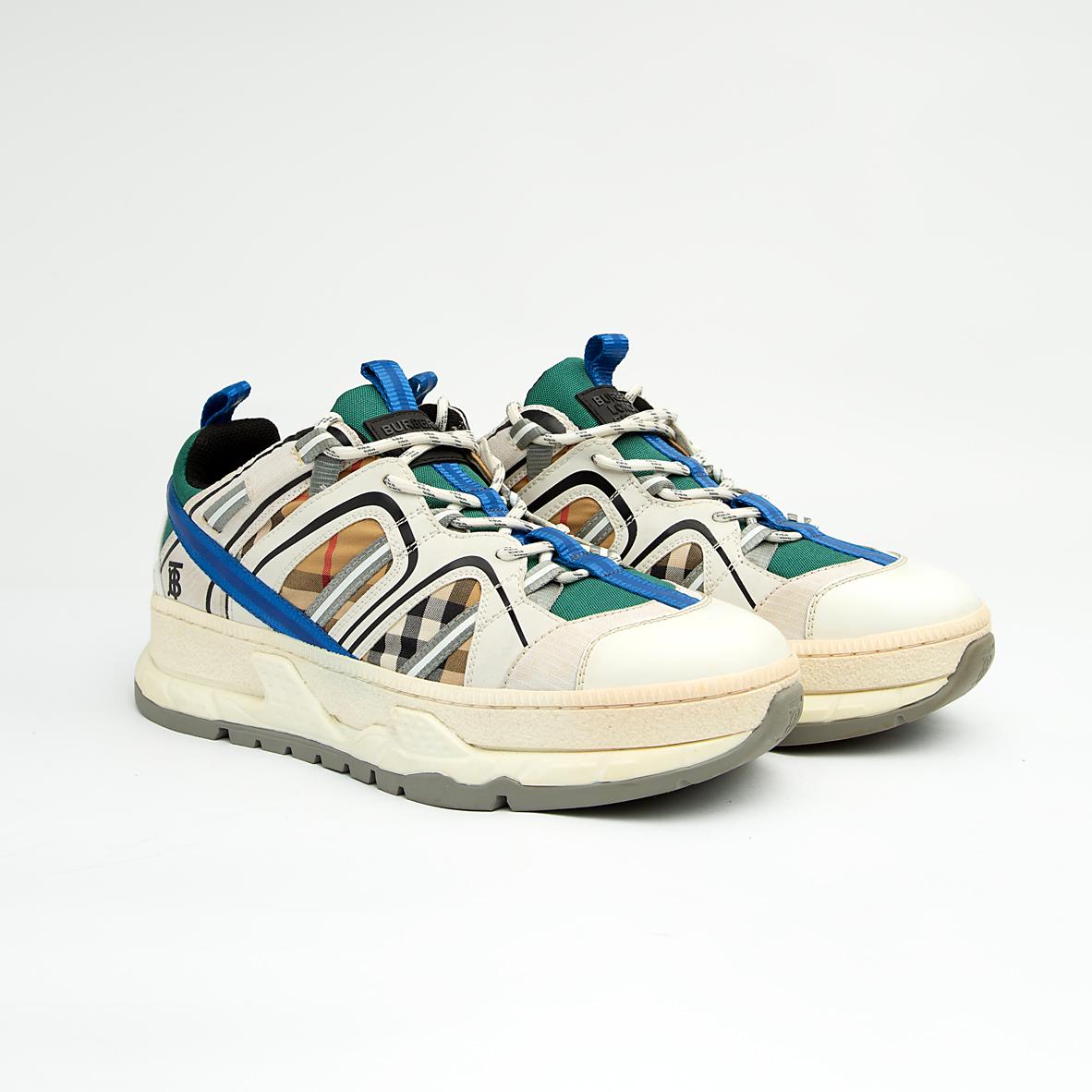 Burberry Arthur Vintage Check Mesh and Leather Sneakers in Beige, Blue, and Green with chunky rubber soles.