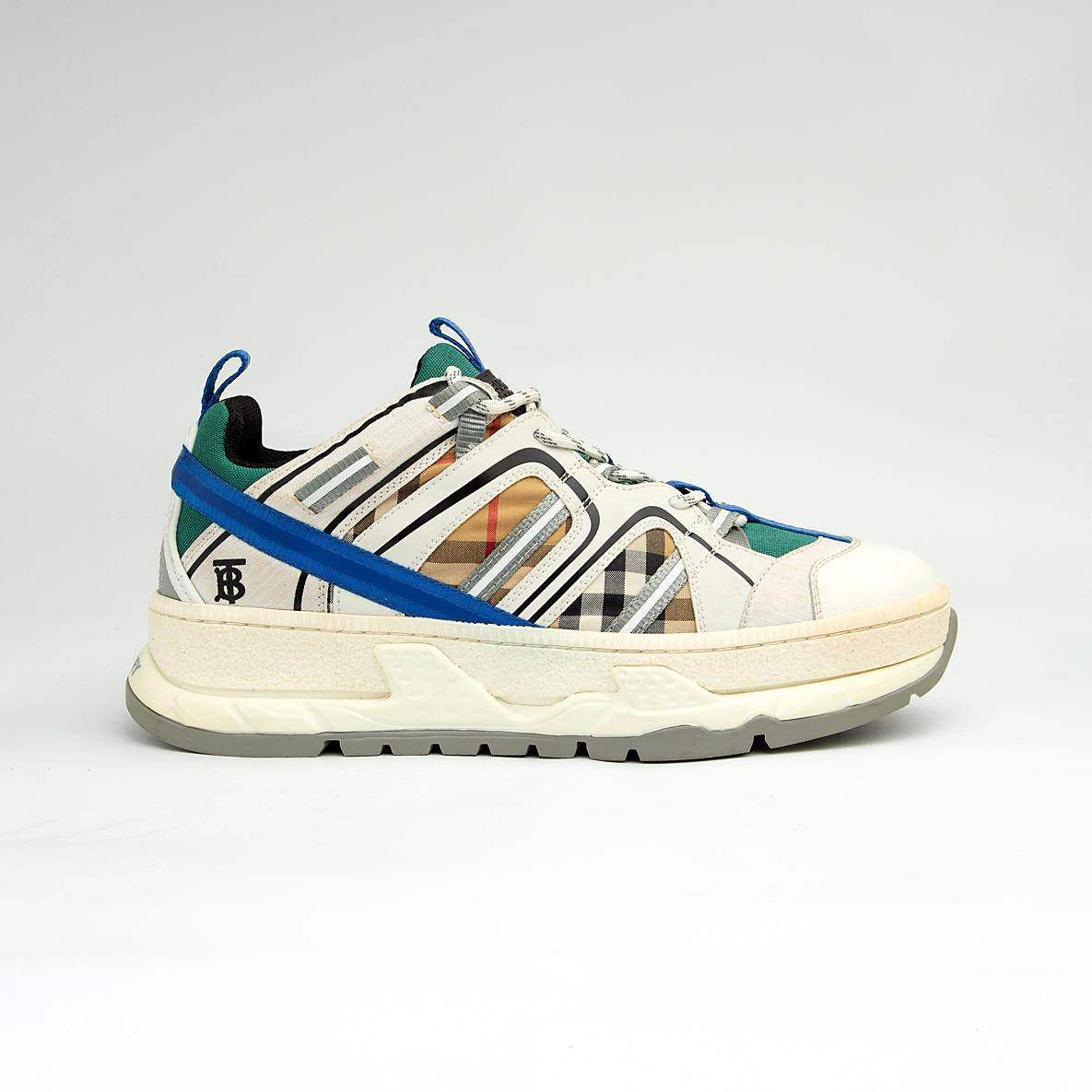 Burberry Arthur Vintage Check Mesh and Leather Sneakers in Beige, Blue, and Green with chunky rubber soles.