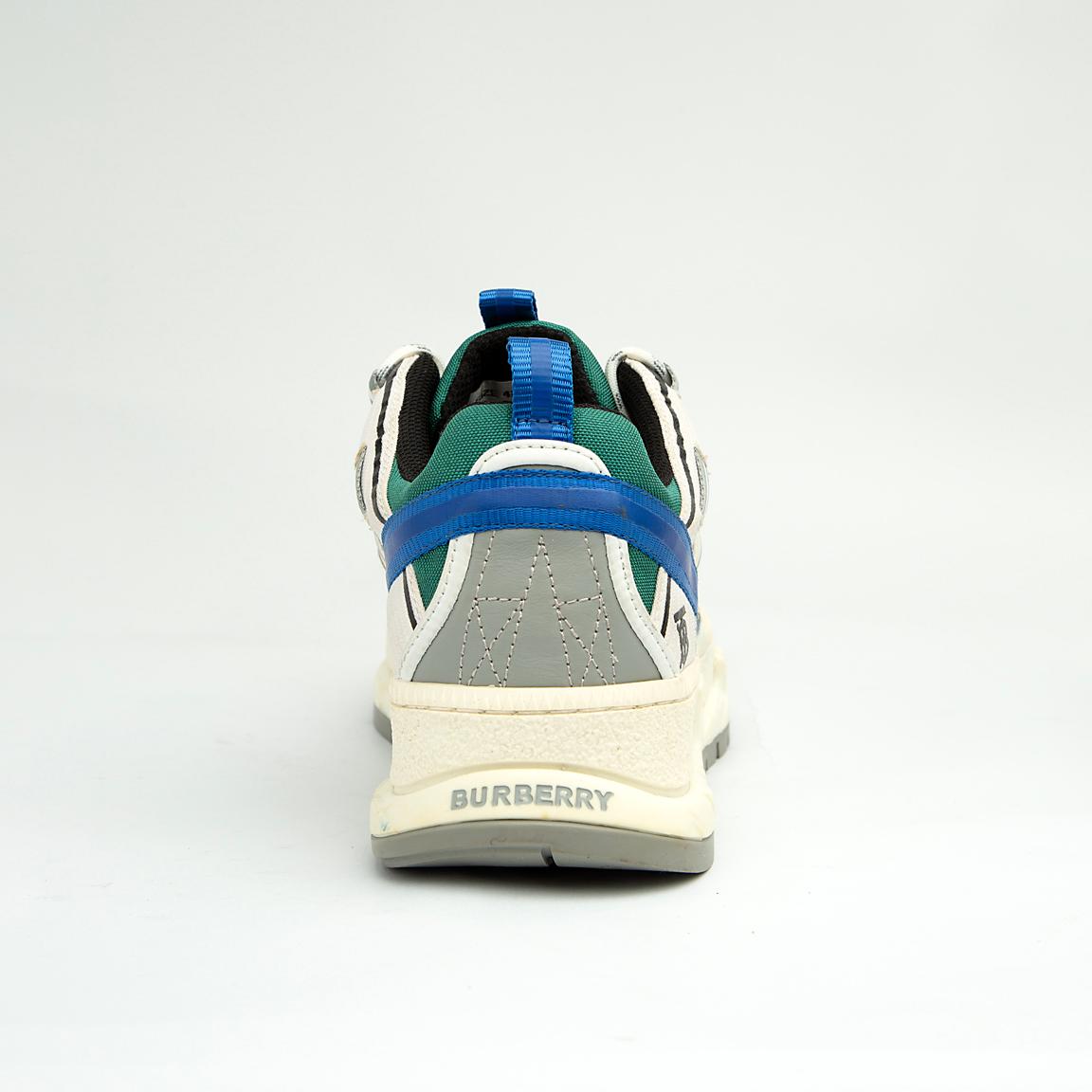 Burberry Arthur Vintage Check Mesh and Leather Sneakers in Beige, Blue, and Green with chunky rubber soles.