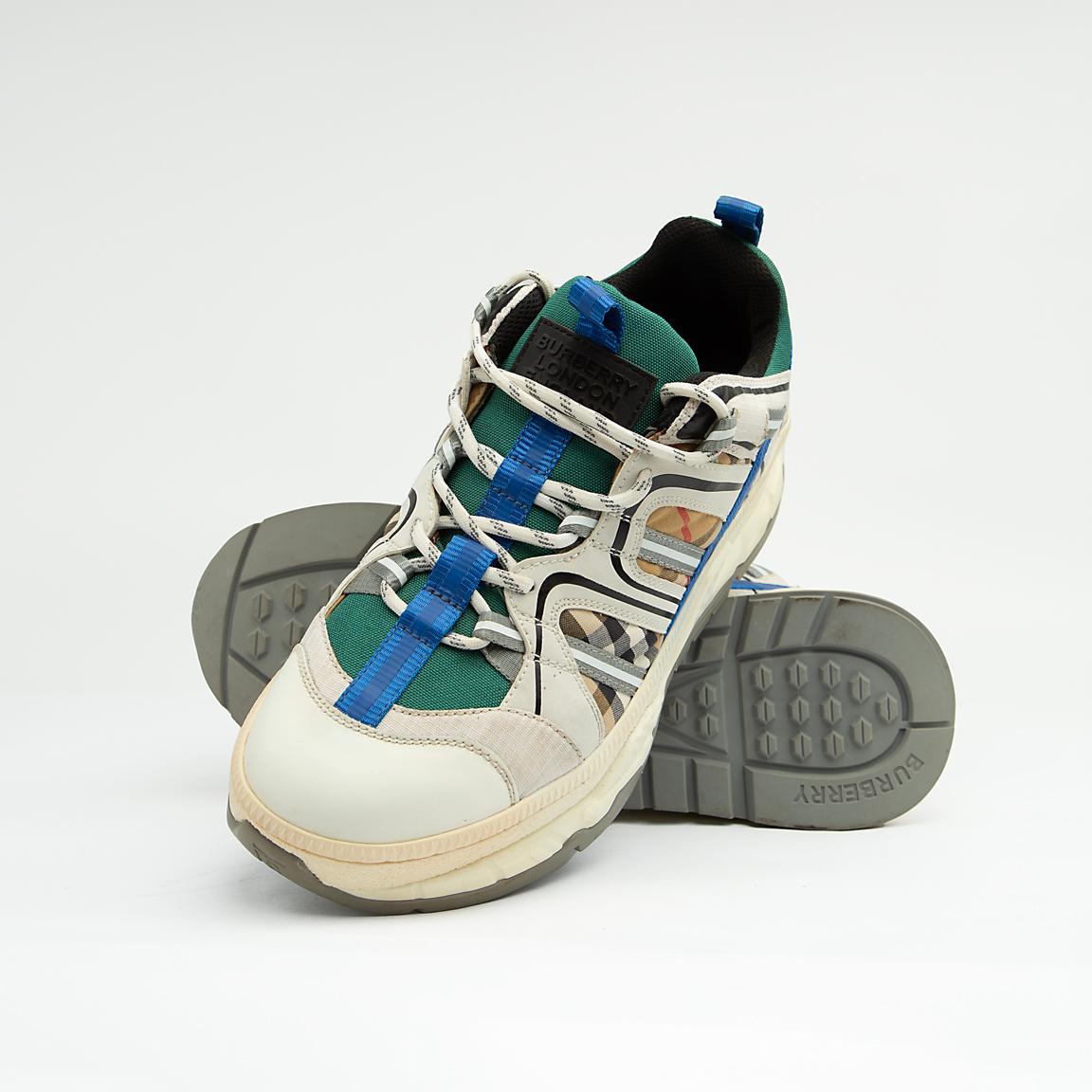 Burberry Arthur Vintage Check Mesh and Leather Sneakers in Beige, Blue, and Green with chunky rubber soles.