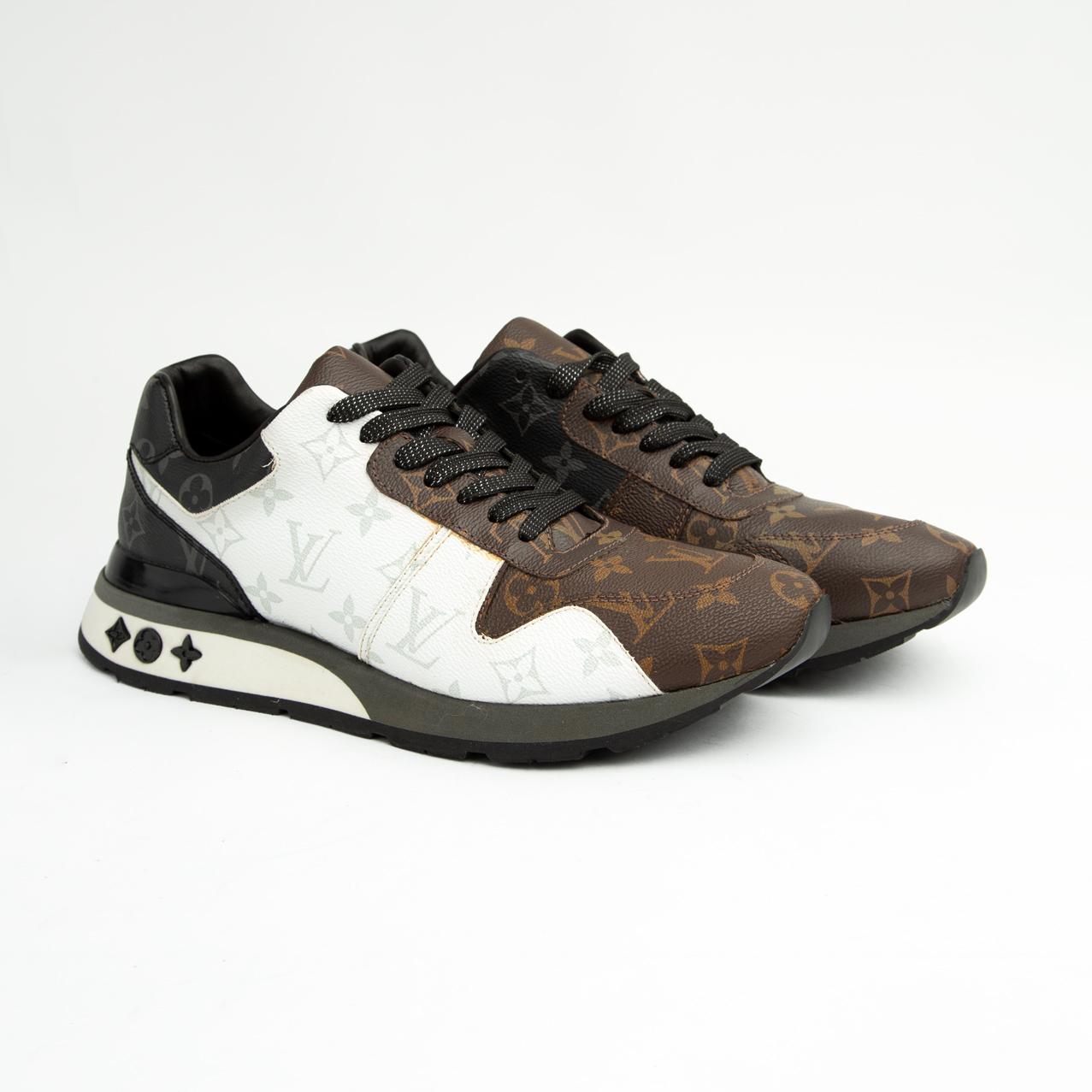 Louis Vuitton brown and white dual-tone unisex sneakers with monogram pattern and black sole, premium designer footwear.