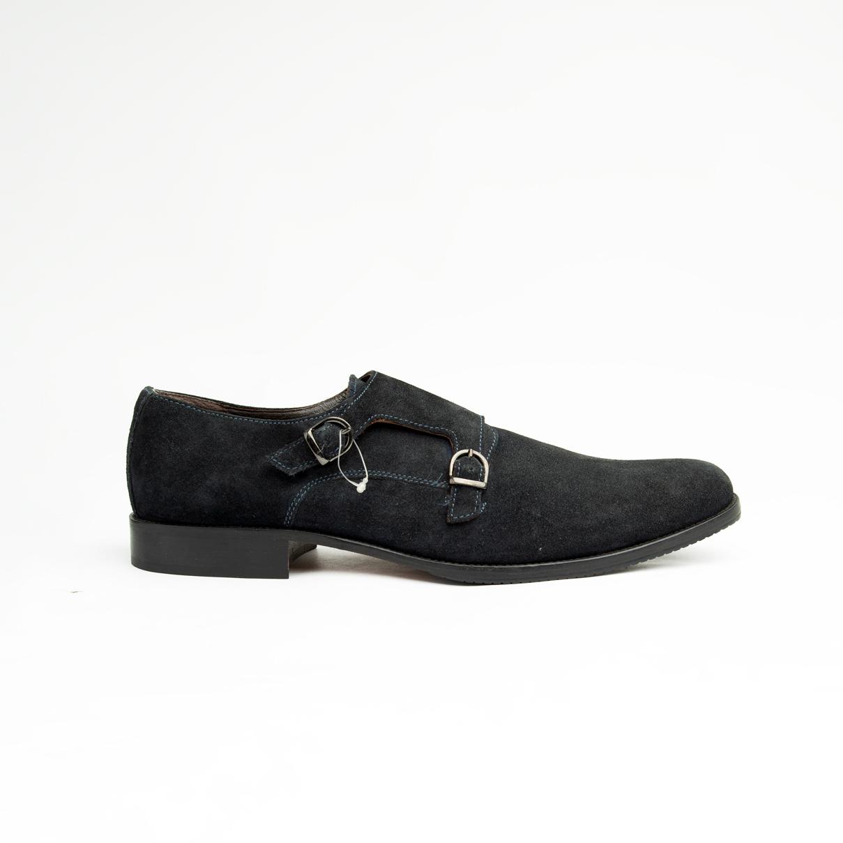 Crafted from luxurious, deep navy blue suede, these sophisticated dress shoes feature the distinguished double monk strap closure with polished silver-tone buckles, offering a timeless and secure fit.