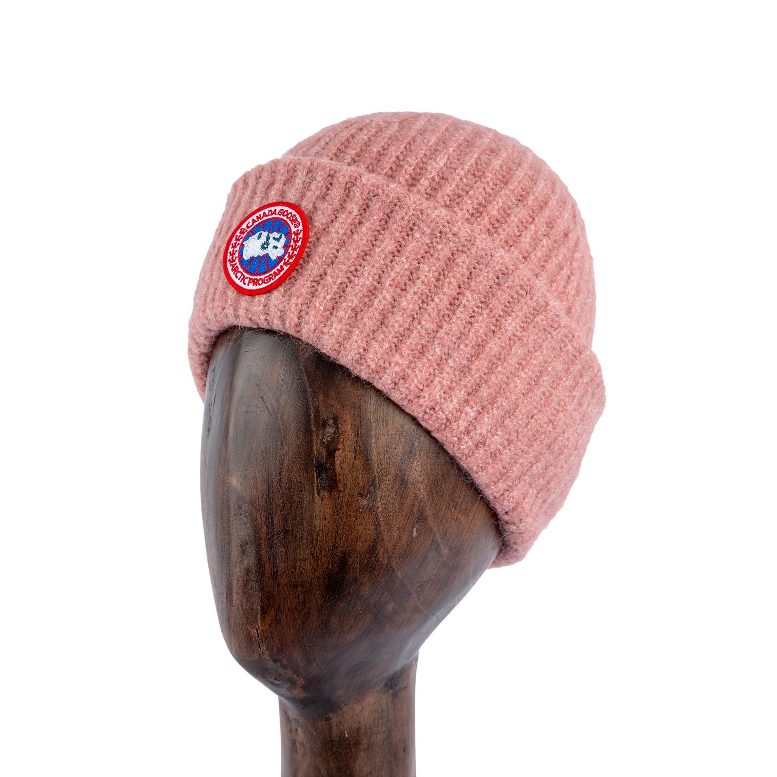 Pink ribbed knit beanie with Arctic Program logo patch, unisex winter hat