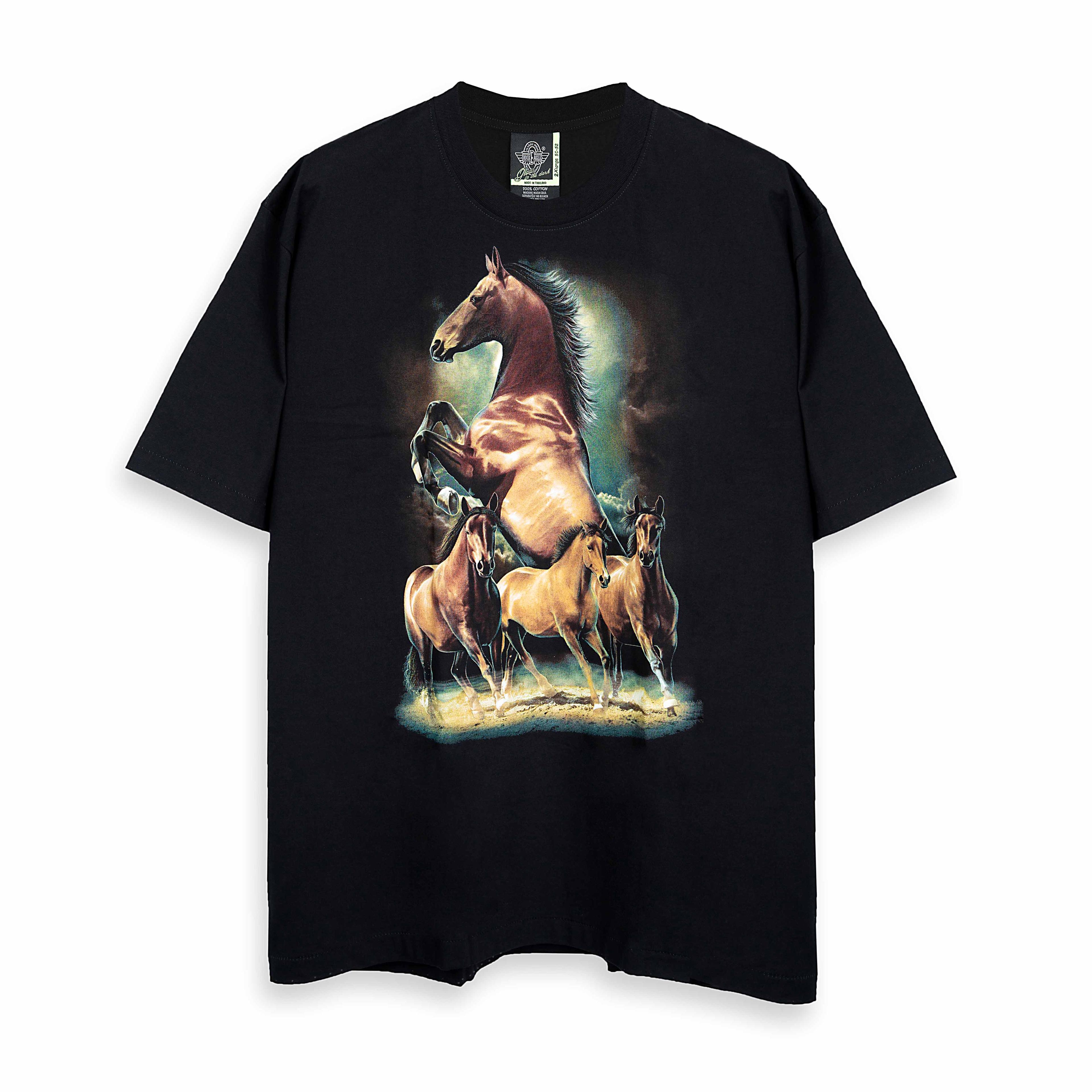 "Rock Eagle black unisex T-shirt with detailed running and rearing horse graphic – nature-themed streetwear"